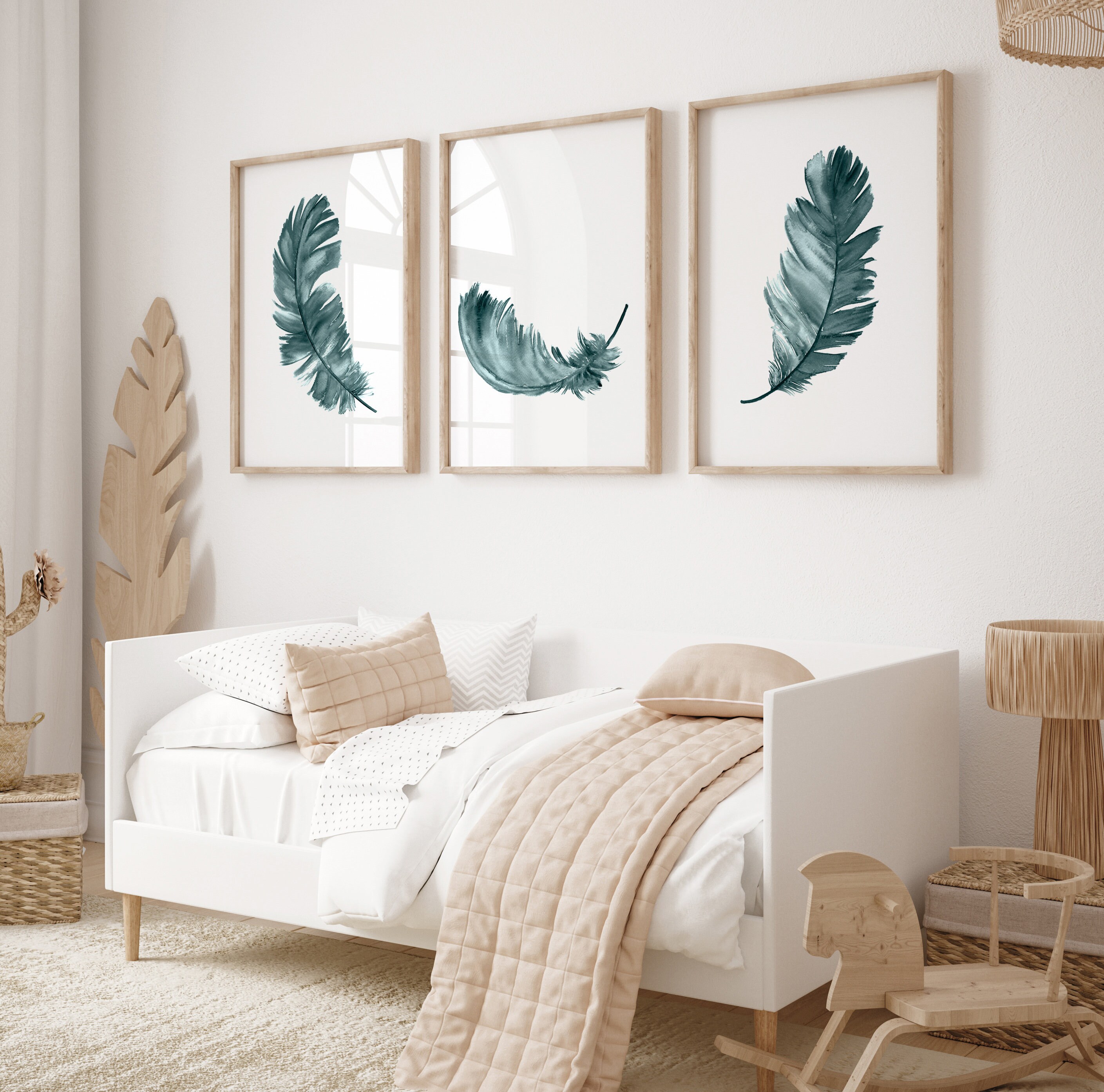 Set De 3 Impressions Murales – Plumes Blanches Sur Fond Vert Sauge, Art Mural Line Art, Déco Intérieur