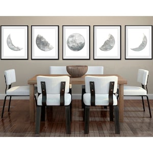 Moon Wall Art, Moon Art Print, Moon Phases Wall Art, 5 Piece Wall Art, Moon Print, Phases of the Moon, Canvas Art, Large Wall Prints