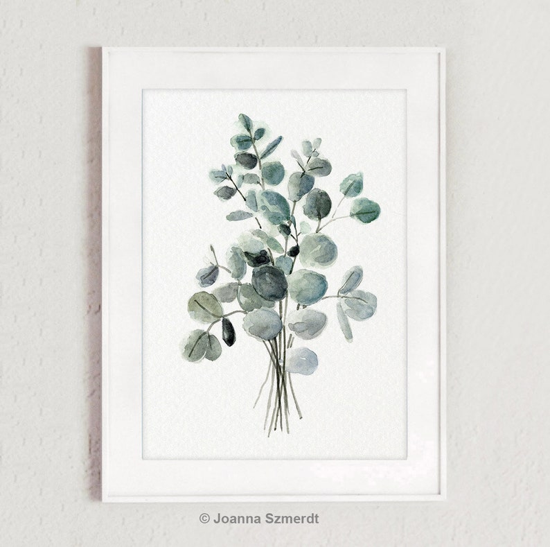 May include: A watercolor painting of a bouquet of eucalyptus leaves in shades of green and gray. The leaves are arranged in a loose, natural style, and the painting has a simple, elegant feel.