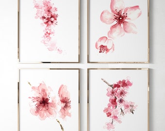 Cherry Blossom Art Print, Cherry Blossom Painting, Cherry Blossom Wall Art, Pink Cherry Blossom Flower set of 4 Prints Mother’s DayPainting