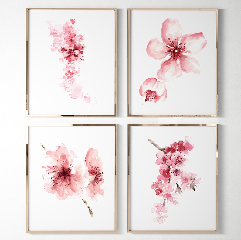 Cherry Blossom Art Print, Cherry Blossom Painting, Cherry Blossom Wall Art, Pink Cherry Blossom Flower set of 4 Prints Mothers DayPainting image 1