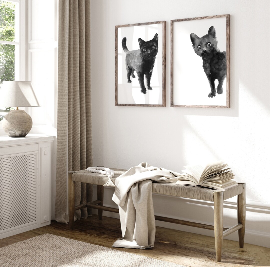 Abstract Cat Wall Art Set of 2, Black Kitten Canvas Artwork - Whimsical ...