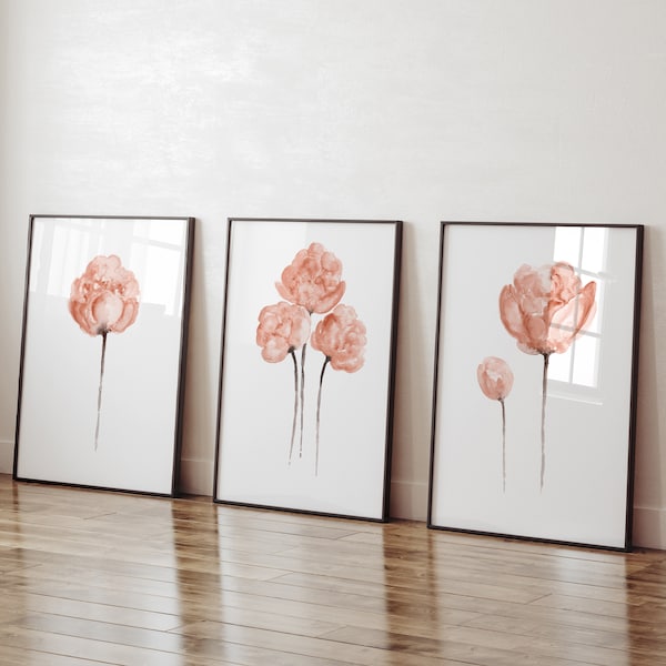 Decoración artística de peonías, pintura floral, juego de 3 impresiones artísticas de peonías, arte mural minimalista, póster botánico, acuarela abstracta con diseño floral de melocotón para guardería.