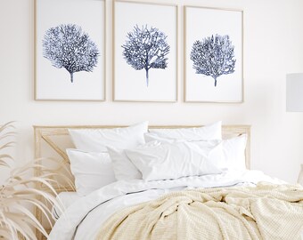 Lámina de coral, decoración de pared marina, pintura de abanico de mar, juego de 3 láminas, decoración oceánica azul marino, póster de casa de playa costera, pintura de acuarela