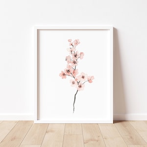 桜の壁アート、桜のアートプリント、ピンクブラッシュピンクの花のプリントの壁の装飾、ミニマリストの桜の枝の絵画