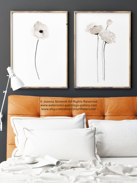 White Poppy Watercolour Painting Floral Taupe Poppies Art Print Set 2 Abstract Minimalist Flower Living Room Decor Black White Illustration