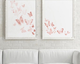 Butterfly Wall Art, Blush Pink Decor, Nursery Kids Room Illustration, set of 2 Butterflies Fantasy Prints, Baby Girl Birthday Gift Idea