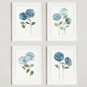 Blue Hydrangea Floral Watercolor Print, Hydrangea Wall Art Flower Wall Decor set of 4