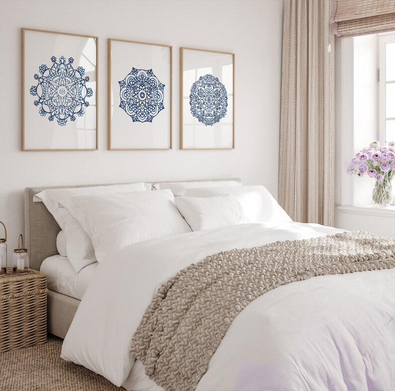 Mandala Wall Art Set of 3 Prints, Navy Blue Mandala Print Set of 3 ...