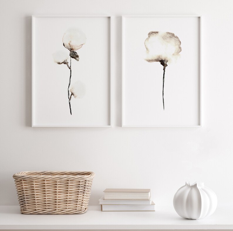 Cotton Wall Art, Cotton Art Print, Floral Painting, Cotton Home Decor, Cotton Wall Decor, White Home Decor set of 2 Cotton image 4