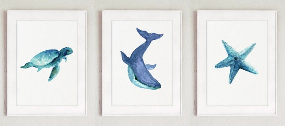 Sea Life Art, Sea Turtle Whale and Star Fish, Nursery Wall Decor, Blue Wall Print, Kids Room Illustration, set of 3 Ocean Prints