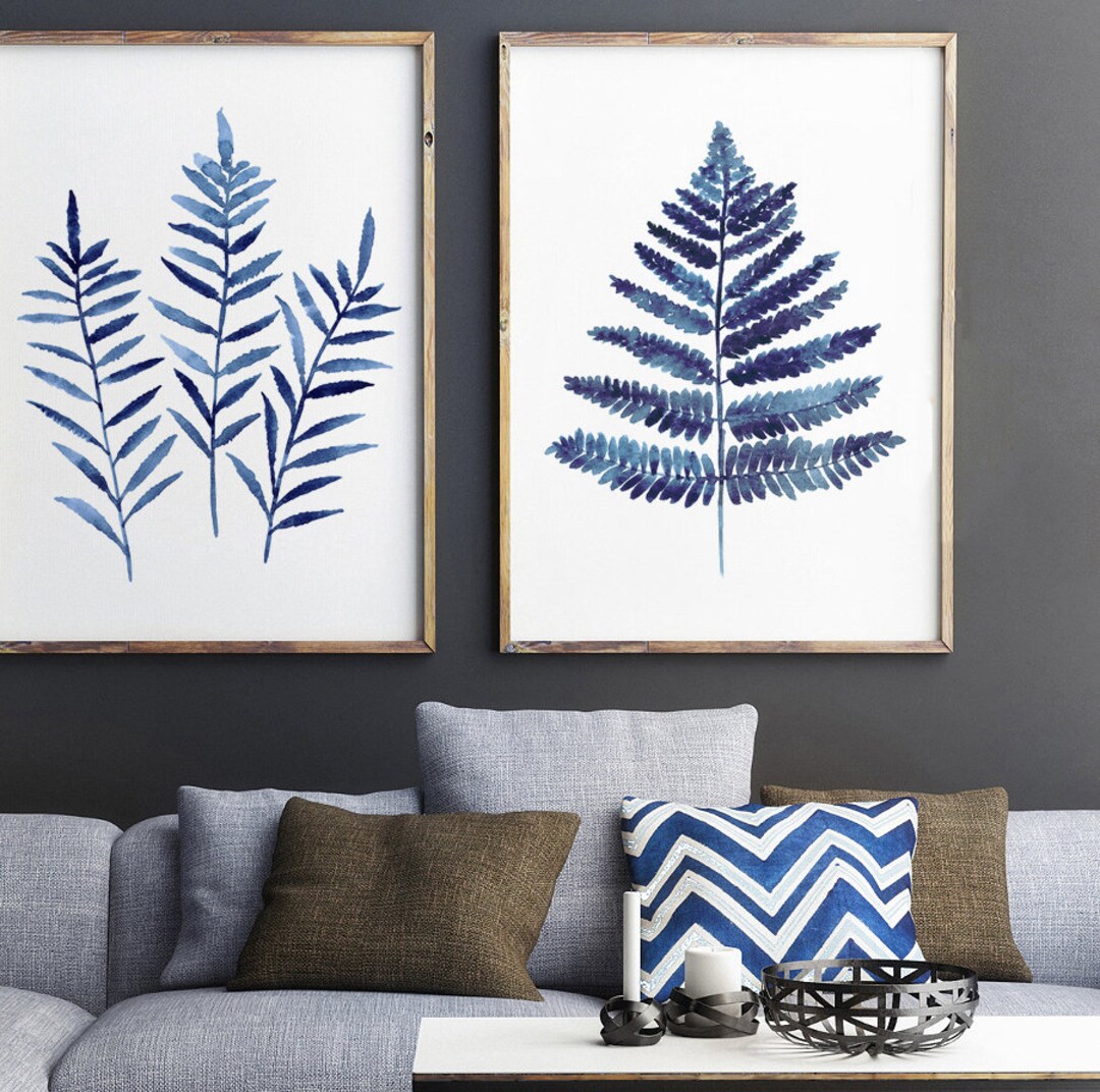 Botanical Blue Leaves, Fern Art Print Rustic Set of 2 Artworks ...