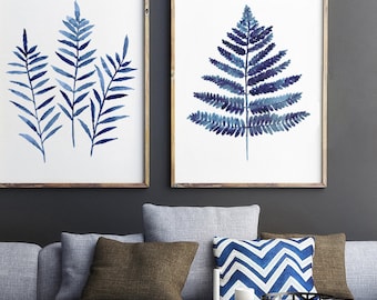 Botanical Blue Leaves, Fern Art Print Rustic set of 2 Artworks, Minimalist Painting, Abstract Living Room Poster, Fern Watercolor Decor