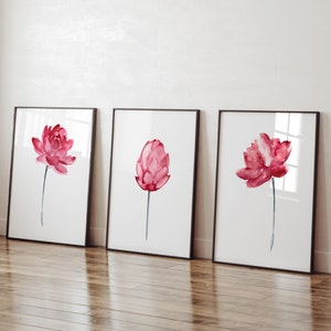 Lotus Flower Painting, Pink Watercolor, Floral Wall Decor Minimalist Art, Botanical Poster set of 3 Artworks, Modern Living Room Art Print