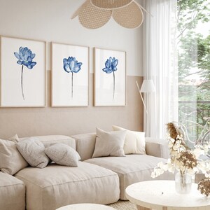 Lotus Painting, Blue Flower Watercolor, Minimalist Wall Decor, Modern Wall Art Abstract Painting Living Room Botanical Art Print set of 3 image 3