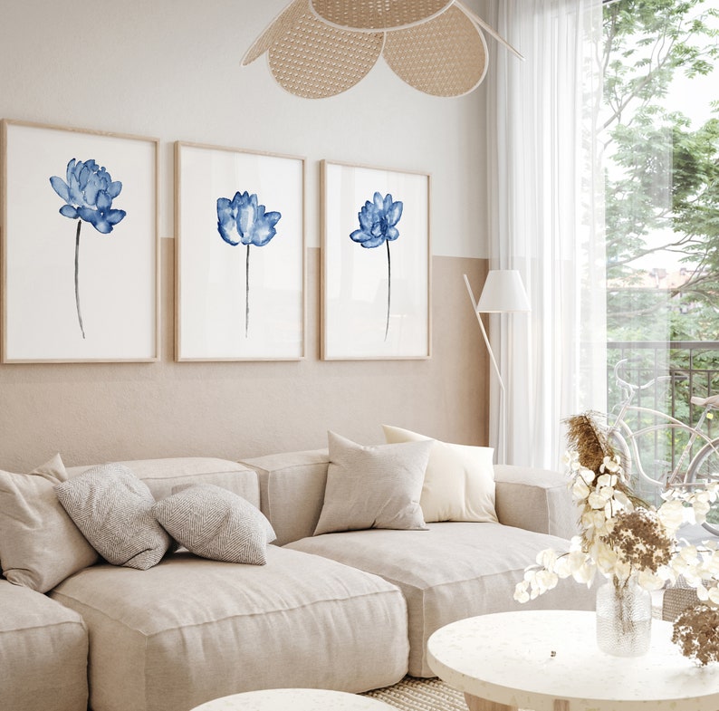 Lotus Painting, Blue Flower Watercolor, Minimalist Wall Decor, Modern Wall Art Abstract Painting Living Room Botanical Art Print set of 3 image 3