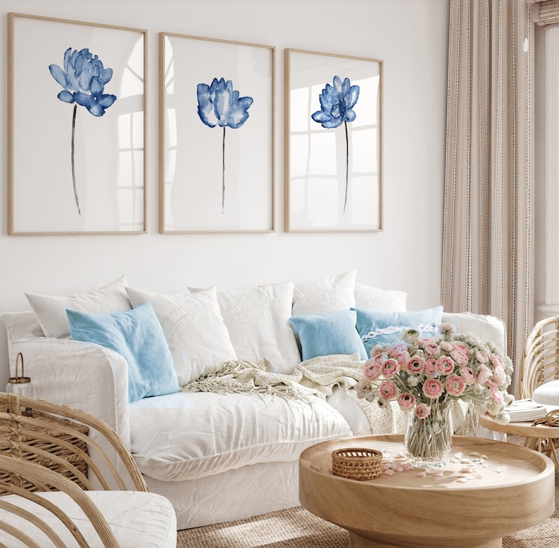 Lotus Painting, Blue Flower Watercolor, Minimalist Wall Decor, Modern Wall Art Abstract Painting Living Room Botanical Art Print set of 3 image 7