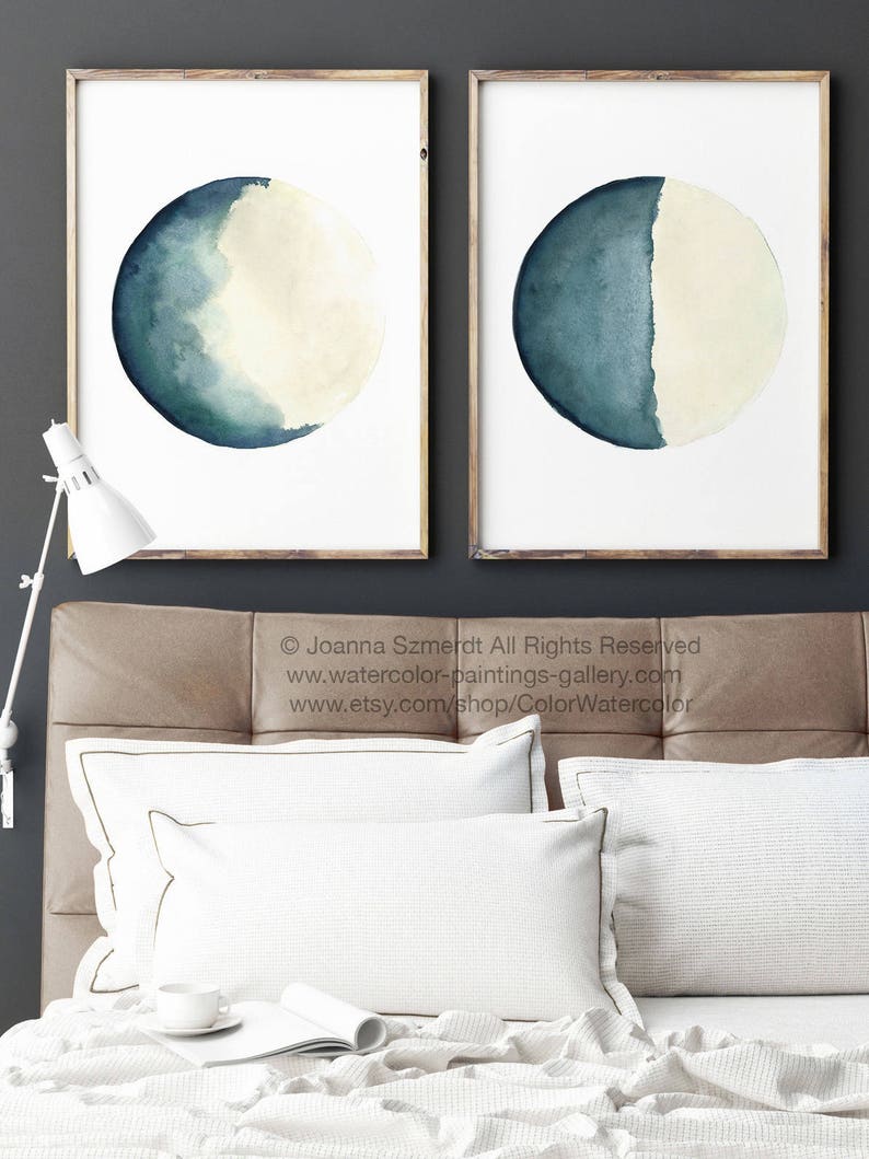 Half Moon Art Print Set 2 Canvas Watercolour Paintings Turquoise Cream Painting Vanilla Blue Moon Phases Living Room Wall Decor Illustration