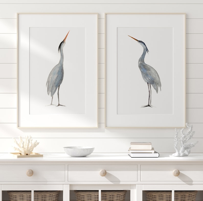Extra Large Painting, Heron Wall Art, Heron Prints, Heron Art, Blue Heron Great Heron Print, Egret Print, Lake Bird Prints, set of 2 image 1