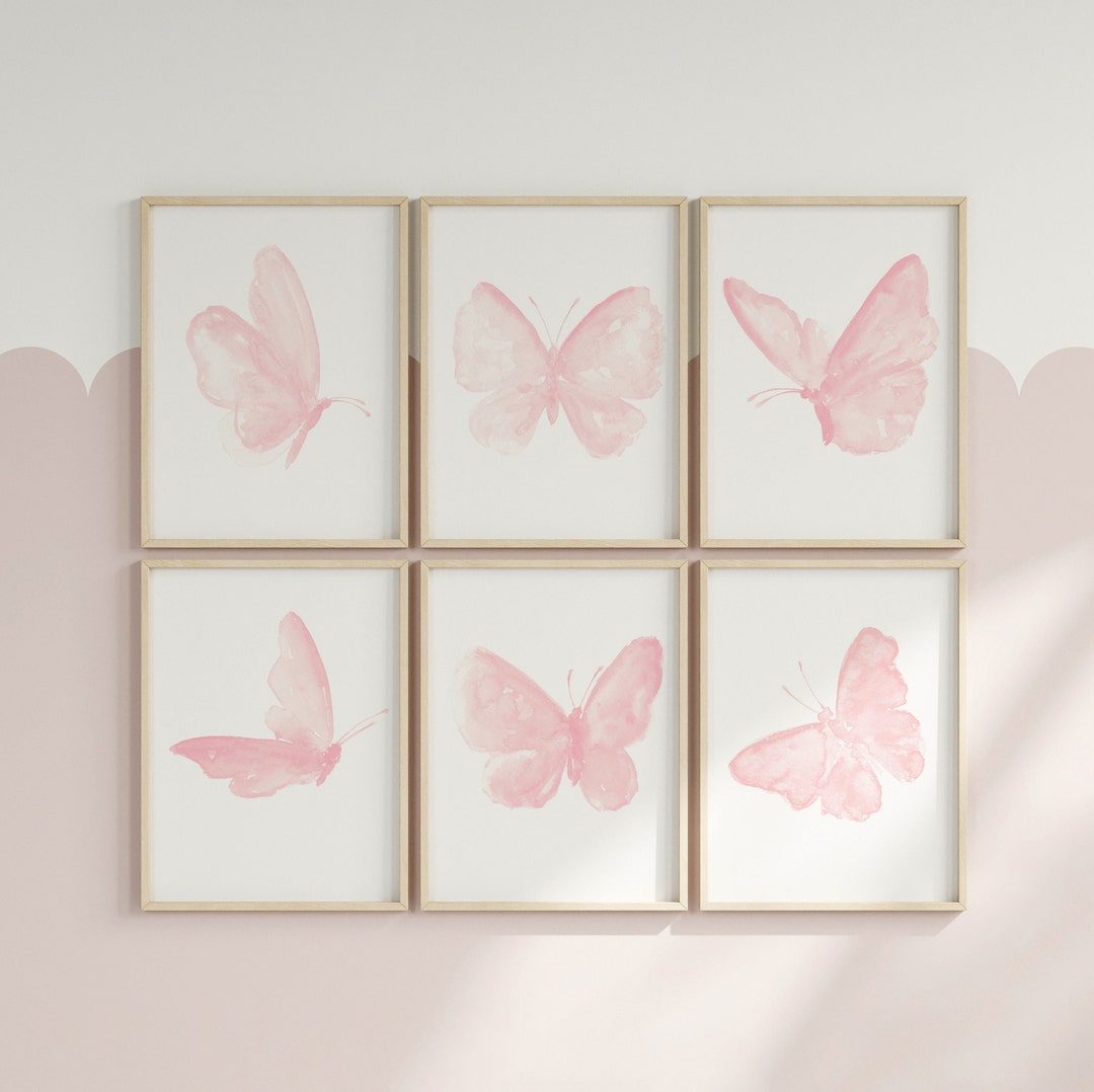Butterfly Art Print Nursery Set of 6 Butterflies, Baby Pink Wall Art ...