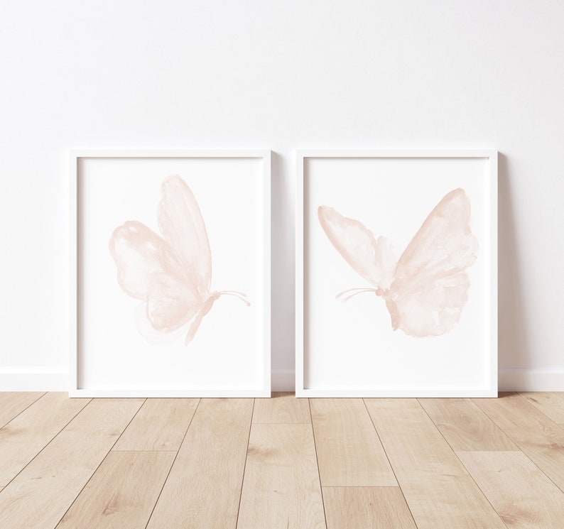 Pink Butterfly Painting, Blush Pink Butterflies, Set of 2 Minimalist ...