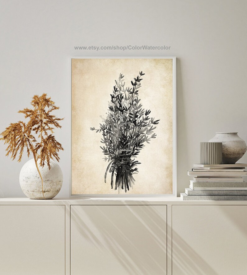 Thyme Painting Thyme Decor Thyme Kitchen Art Grey Botanical Etsy