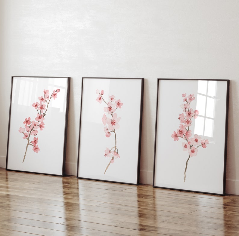 Cherry Blossom Illustration Blush Pink Cherry Branch Flowers Wall Art ...
