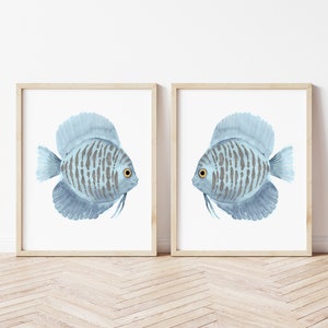 Fish Print Two Piece, Exotic Fish Wall Art, Discus Fish Poster, Blue and Gray set of 2