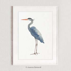 Arte de garza, decoración de pared azul, póster minimalista con impresión artística de garza, pintura de garza real, arte costero abstracto de aves del lago con acuarela