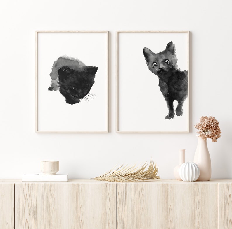 Black Cat Art, Black Cat Print, Abstract Cat Art, set of 2 Cats, Minimalist Poster Nursery Room Decor, Black Cat Painting, Cat Gifts image 1