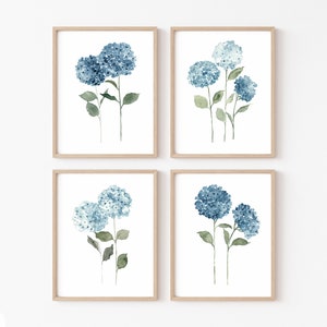 Hydrangea Flower set 4 Print Wall Art, Blue Botanical Art Print, Hydrangea Wall Decor