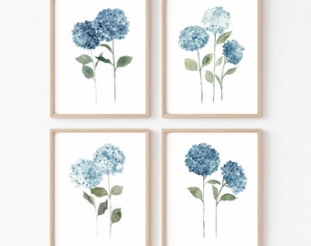 Hydrangea Flower set 4 Print Wall Art, Blue Botanical Art Print, Hydrangea Wall Decor
