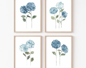 Hydrangea Flower set 4 Print Wall Art, Blue Botanical Art Print, Hydrangea Wall Decor