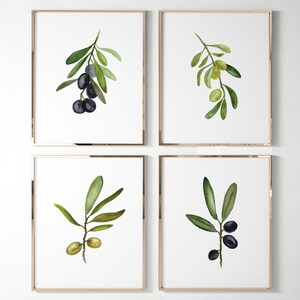 May include: Set of four watercolor prints featuring olive branches with green leaves and black olives. The prints are framed in gold.
