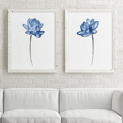 Abstract Watercolor Set Indigo Blue Wall Art Large Navy Prints Etsy