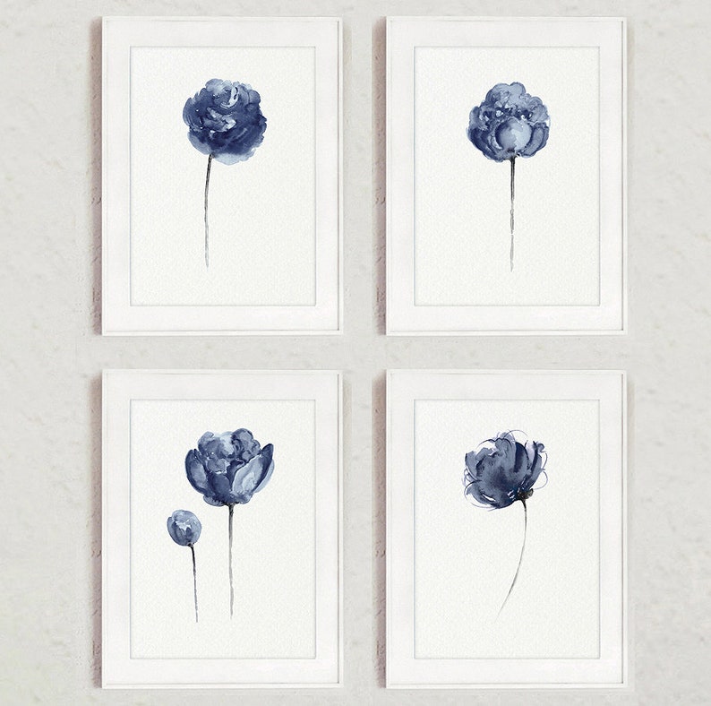 Navy Blue Peony Wall Art set of 4 image 3