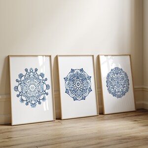 Mandala Wall Art Set of 3 Prints, Navy Blue Mandala Print Set of 3 ...