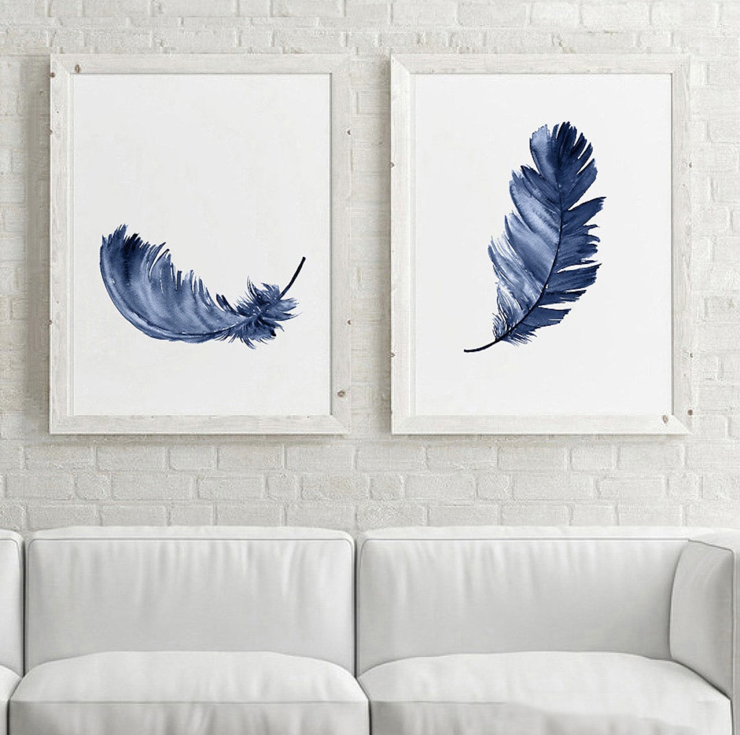 Navy Blue Feather Wall Art Set of 2 Etsy