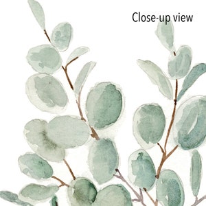 May include: Watercolor painting of eucalyptus branches with green leaves. The branches are arranged in a loose, organic pattern, and the leaves are painted in a soft, muted green.