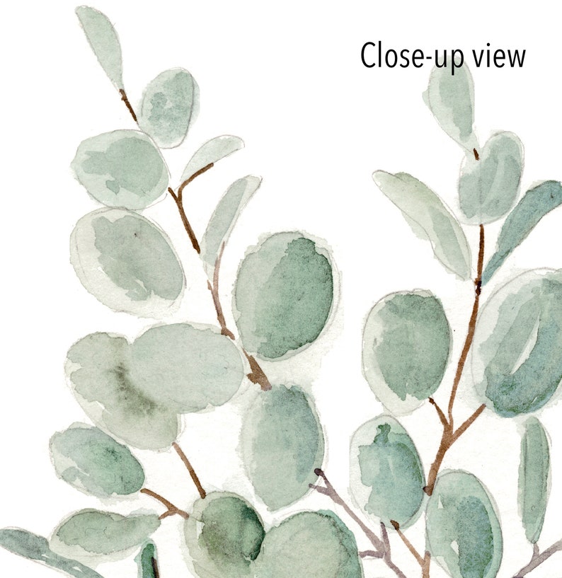 May include: Watercolor painting of eucalyptus branches with green leaves. The branches are arranged in a loose, organic pattern, and the leaves are painted in a soft, muted green.