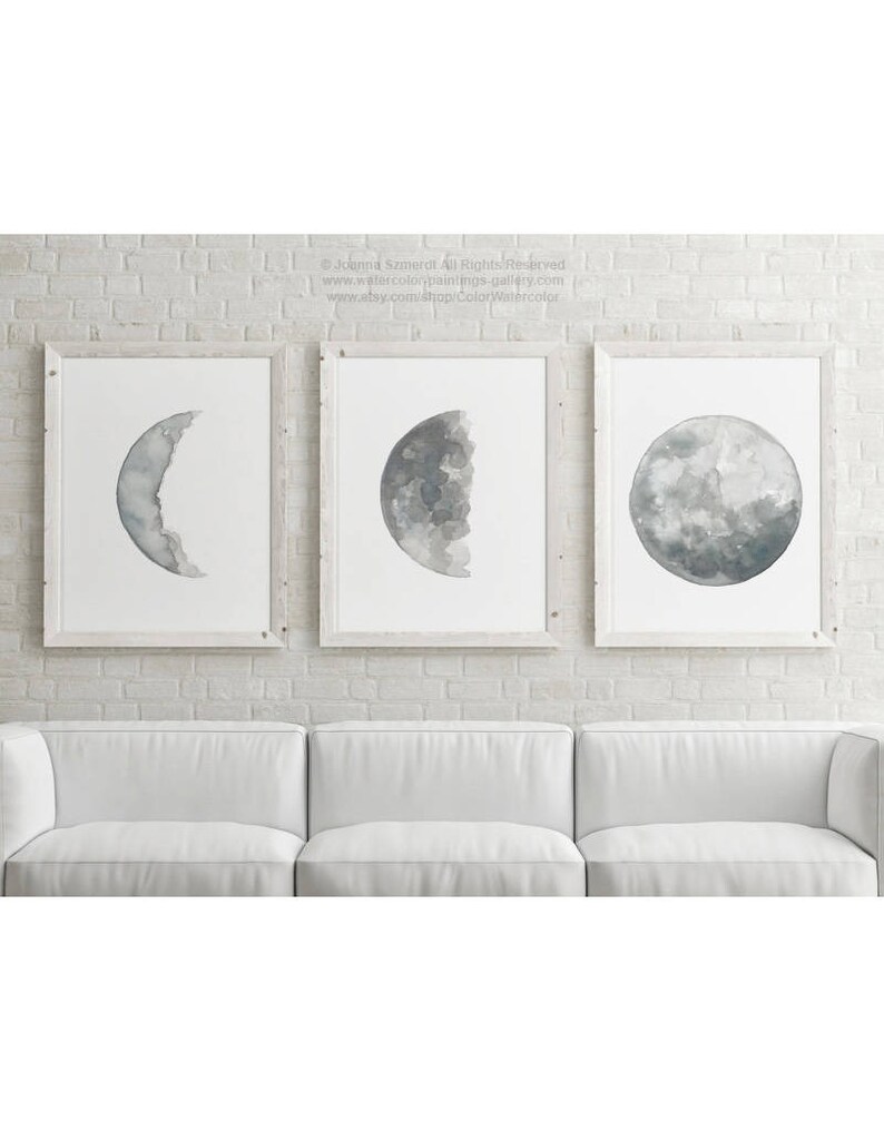 Canvas Moon set 3 Moon Phase Art Prints, Gray Silver Blue Illustration Phases of the Moon Halloween Wall Art Full Moon Drawing Wall Decor image 4