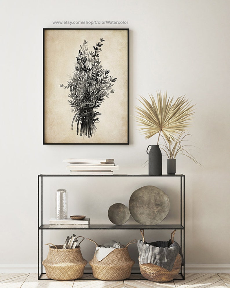 Thyme Painting Thyme Decor Thyme Kitchen Art Grey Botanical Etsy