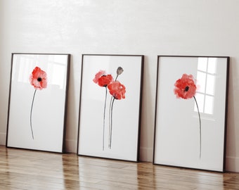 Red Poppies, Set of 3, Abstract Flower Wall Art, Print Floral Idea, Poppy Home Decor, Flowers Art Print Watercolor Painting