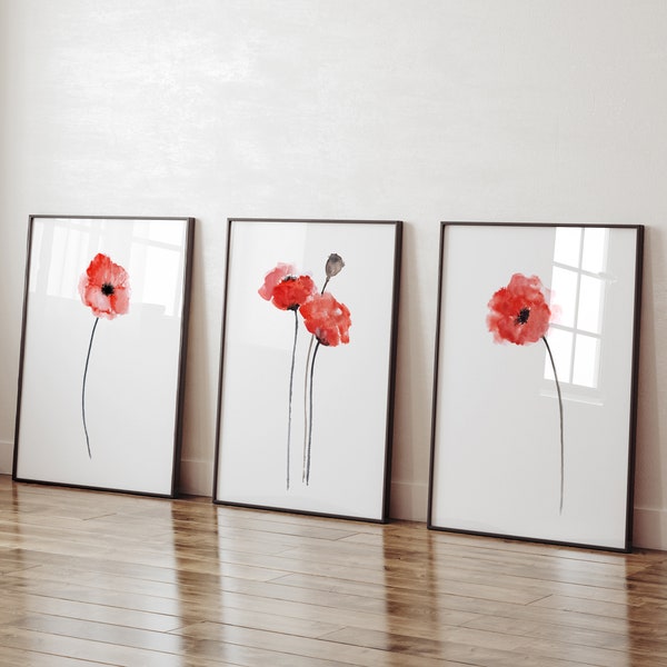 Coquelicots rouges, lot de 3, art mural abstrait fleurs, impression florale, décoration d'intérieur coquelicots, impression d'art fleurs, peinture aquarelle