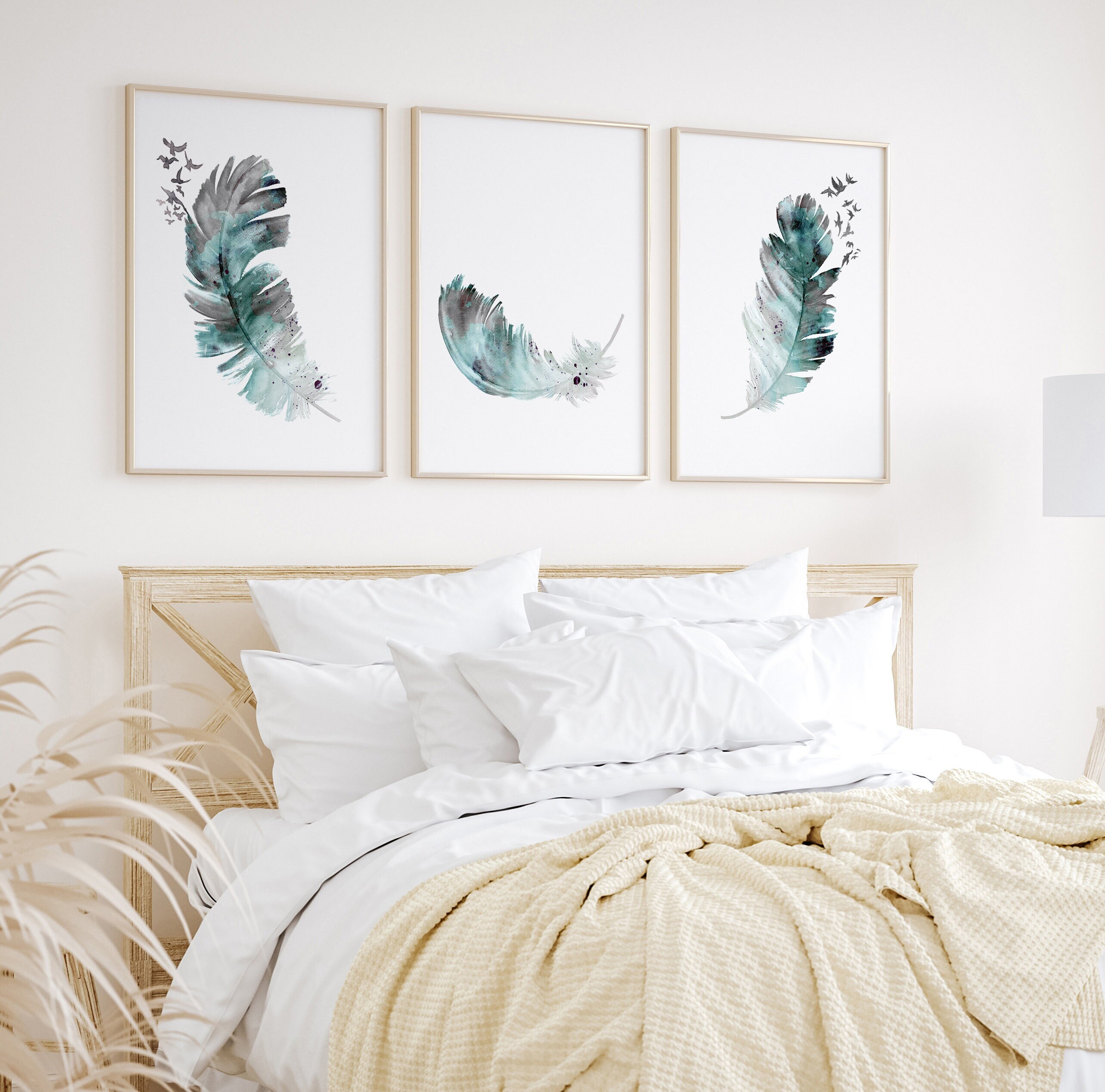 Feather Wall Decor, Birds Flying of Feather Art Print, Feather Turning Birds Wall Art, Turqoise Wall Decor, Gallery Wall set of 3 Feathers
