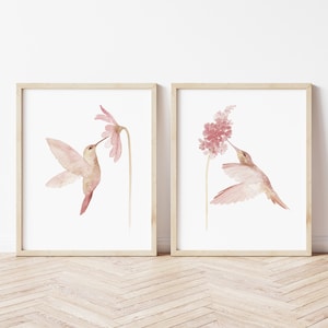 Decorazione con colibrì, decorazione murale rosa cipria, poster su tela con colibrì, decorazione murale rustica, set di 2 stampe per cameretta dei bambini, acquerello