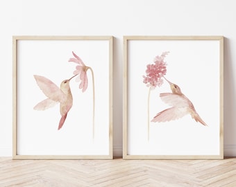 Hummingbird Art Bird Decor, Blush Pink Wall Art, Hummingbird Canvas Poster, Rustic Wall Decor, Nursery Print set of 2 Watercolor Painting