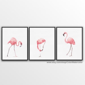 Pink Flamingo Set 3 Art Prints, Flamingoes Whimsical Tropical Artwork, Pink Bird Wall Decor, Flamingos Wall Art Abstract Watercolor Painting