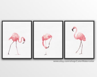 Pink Flamingo Set 3 Art Prints, Flamingoes Whimsical Tropical Artwork, Pink Bird Wall Decor, Flamingos Wall Art Abstract Watercolor Painting