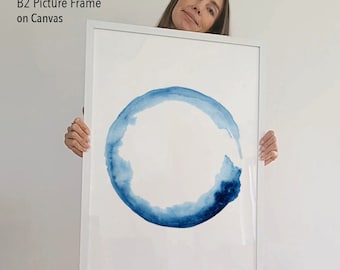 モダンアート 額装付き 絵画 抽象画 墨彩画 禅 円相 インテリア 青い水彩画「円相」の円プリント：禅ミニマリストアート - Etsy 日本